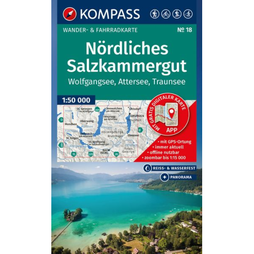 KOMPASS Wanderkarte 18 Nördliches Salzkammergut, Wolfgangsee, Attersee, Traunsee 1:50.000