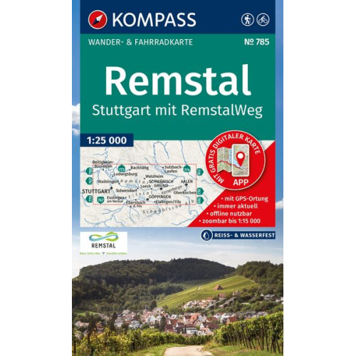 KOMPASS Wanderkarte 785 Remstal, Stuttgart, mit RemstalWeg 1:50.000