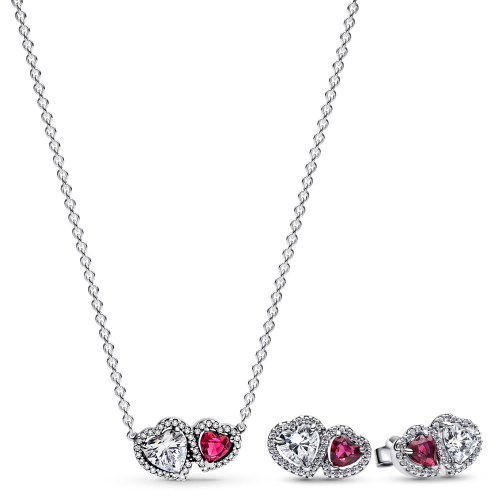 Pandora 28512 Damen-Schmuckset Halskette und Ohrringe Halo Herzen Zweifarbig