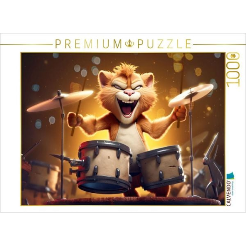 CALVENDO Puzzle Kater Tiger am Schlagzeug | 1000 Teile Lege-Größe 64x48cm Foto-Puzzle für glückliche Stunden