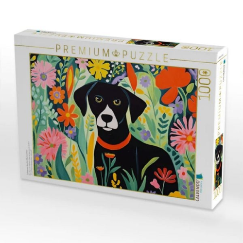 CALVENDO Puzzle Schwarzer Hund im Blumenmeer | 1000 Teile Lege-Größe 64x48cm Foto-Puzzle für glückliche Stunden