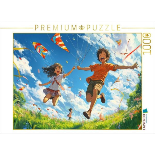 CALVENDO Puzzle Fröhliche Anime-Kinderszene - Drachensteigen im sonnigen Frühling | 1000 Teile Lege-Größe 64x48cm Foto-Puzzle für glückliche Stunden