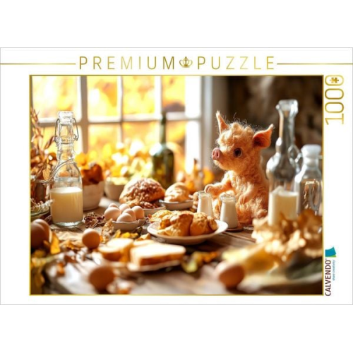 CALVENDO Puzzle Eierlegende Wollmilchsau beim Frühstück - Kuscheliges Schweinchen und Fabelwesen für Kinder | 1000 Teile Lege-Größe 64x48cm Foto-Puzzl
