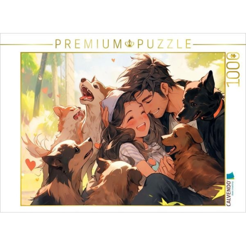 CALVENDO Puzzle Lass sie uns alle mitnehmen - Pärchen im Manga Style inmitten von Welpen | 1000 Teile Lege-Größe 64x48cm Foto-Puzzle für glückliche St
