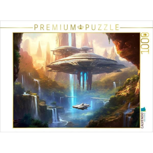 CALVENDO Puzzle Science Fiction - Reise zu fremden Planeten - Wasserfall Besucher | 1000 Teile Lege-Größe 64x48cm Foto-Puzzle für glückliche Stunden
