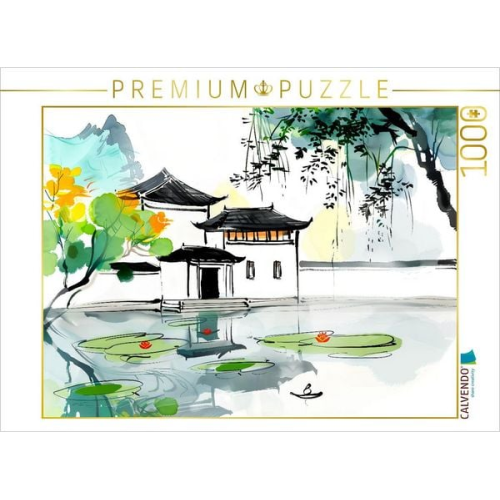 CALVENDO Puzzle Chinesische Tempelanlage am Seerosenteich. Tuschemalerei | 1000 Teile Lege-Größe 64x48cm Foto-Puzzle für glückliche Stunden