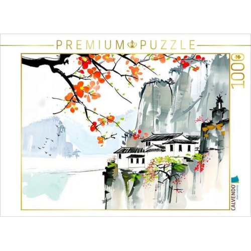 CALVENDO Puzzle Dorf in den Bergen Chinas. Tuschemalerei | 1000 Teile Lege-Größe 64x48cm Foto-Puzzle für glückliche Stunden