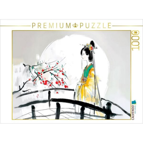 CALVENDO Puzzle Geisha auf der Brücke. Tuschemalerei | 1000 Teile Lege-Größe 64x48cm Foto-Puzzle für glückliche Stunden