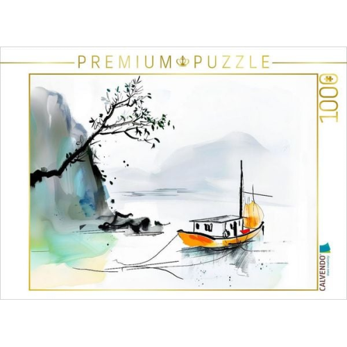 CALVENDO Puzzle Chinesische Dschunke am Ufer eines Sees. Tuschemalerei | 1000 Teile Lege-Größe 64x48cm Foto-Puzzle für glückliche Stunden