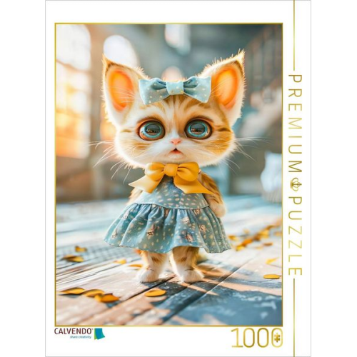 CALVENDO Puzzle Süße Mieze im grünen Kleidchen | 1000 Teile Lege-Größe 64x48cm Foto-Puzzle für glückliche Stunden
