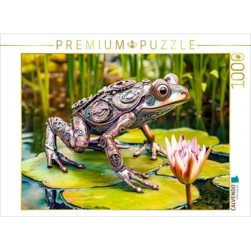 CALVENDO Puzzle Metall-Frosch auf Seerose: Kreative Gartendeko mit Upcycling-Charme | 1000 Teile Lege-Größe 64x48cm Foto-Puzzle für glückliche Stunden