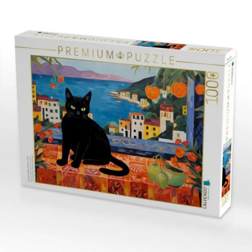 CALVENDO Puzzle Schwarze Katze auf einem Tisch | 1000 Teile Lege-Größe 64x48cm Foto-Puzzle für glückliche Stunden