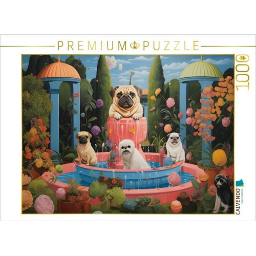 CALVENDO Puzzle Hunde baden im Springbrunnen | 1000 Teile Lege-Größe 64x48cm Foto-Puzzle für glückliche Stunden