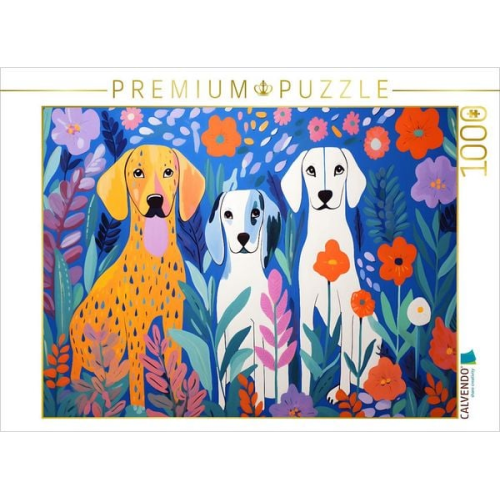 CALVENDO Puzzle Drei Hunde sitzen zwischen Blumen im Garten | 1000 Teile Lege-Größe 64x48cm Foto-Puzzle für glückliche Stunden