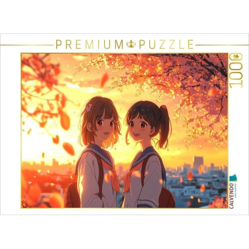 CALVENDO Puzzle Shoujo Anime im Sonnenuntergang - Freundinnen in Schuluniform unter Kirschblüten | 1000 Teile Lege-Größe 64x48cm Foto-Puzzle für glück