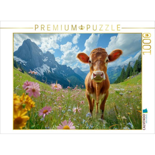 CALVENDO Puzzle Kuh auf blühender Almwiese im Allgäu | 1000 Teile Lege-Größe 64x48cm Foto-Puzzle für glückliche Stunden