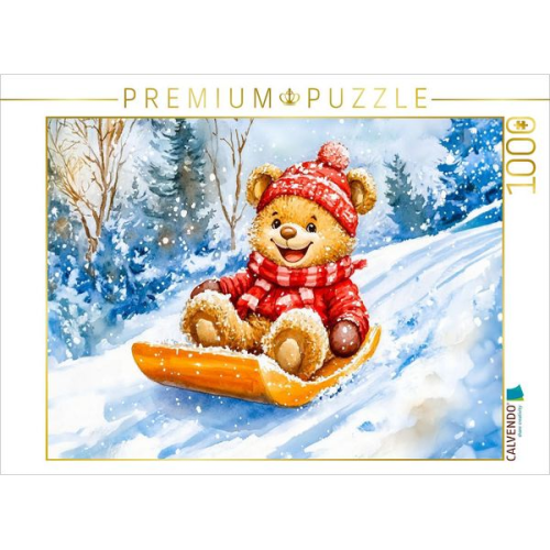 CALVENDO Puzzle Teddy rodelt mit Schlitten im Winter | 1000 Teile Lege-Größe 64x48cm Foto-Puzzle für glückliche Stunden