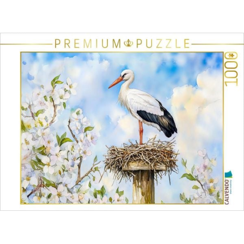 CALVENDO Puzzle Weißstorch auf dem Horst im Frühling Aquarellmalerei | 1000 Teile Lege-Größe 64x48cm Foto-Puzzle für glückliche Stunden