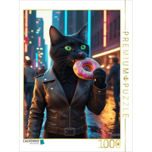 CALVENDO Puzzle Coole schwarze Katze mit Donut - urbanes Katzenbild für Trendsetter | 1000 Teile Lege-Größe 64x48cm Foto-Puzzle für glückliche Stunden