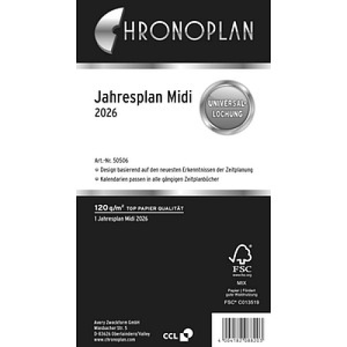 CHRONOPLAN Kalendereinlage 2026 Jahresplan Midi (9,6 x 17,2 cm)