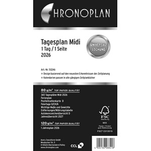 CHRONOPLAN Kalendereinlage 2026 Tagesplan Midi (9,6 x 17,2 cm)