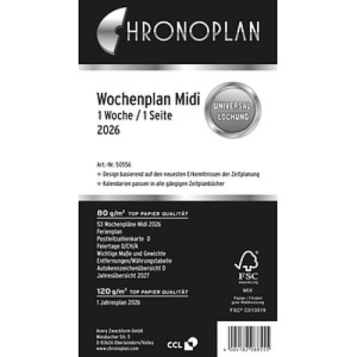CHRONOPLAN Kalendereinlage 2026 Wochenplan Midi (9,6 x 17,2 cm)