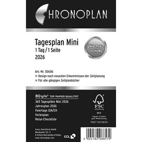 CHRONOPLAN Kalendereinlage 2026 Tagesplan Mini (7,9 x 12,5 cm)