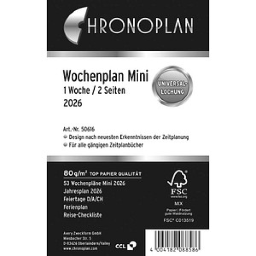 CHRONOPLAN Kalendereinlage 2026 Wochenplan Mini (7,9 x 12,5 cm)