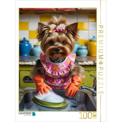 CALVENDO Puzzle Yorkshire Terrier beim Abwasch - niedlich, witzig und originell | 1000 Teile Lege-Größe 64x48cm Foto-Puzzle für glückliche Stunden
