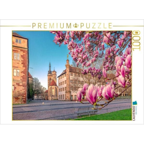 CALVENDO Puzzle Magnolienblüte in Stuttgart und die Stiftskirche | 1000 Teile Lege-Größe 64x48cm Foto-Puzzle für glückliche Stunden